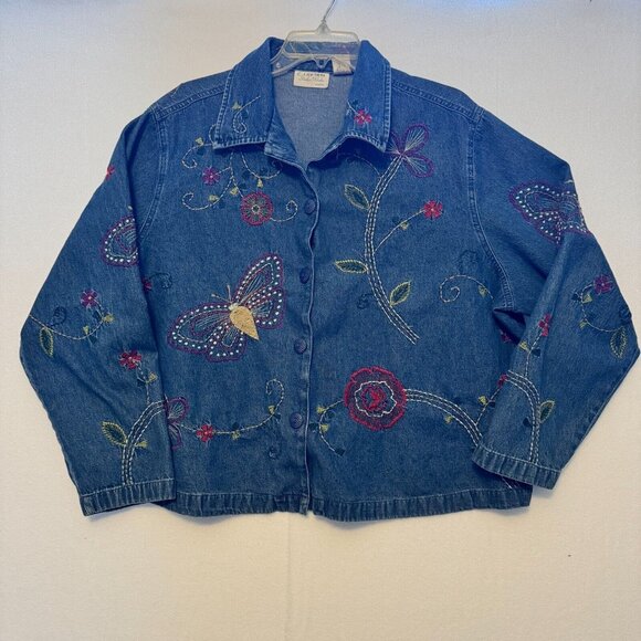 E.Larsen Studio Works Womens Denim Jean Floral Embroidered Button Up Jacket 2X - Picture 1 of 11